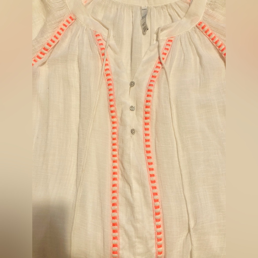 Zara White Boho Beach Sheer Swim Cover Up Long Sleeve top Shirt Orange Tassels - Picture 4 of 10